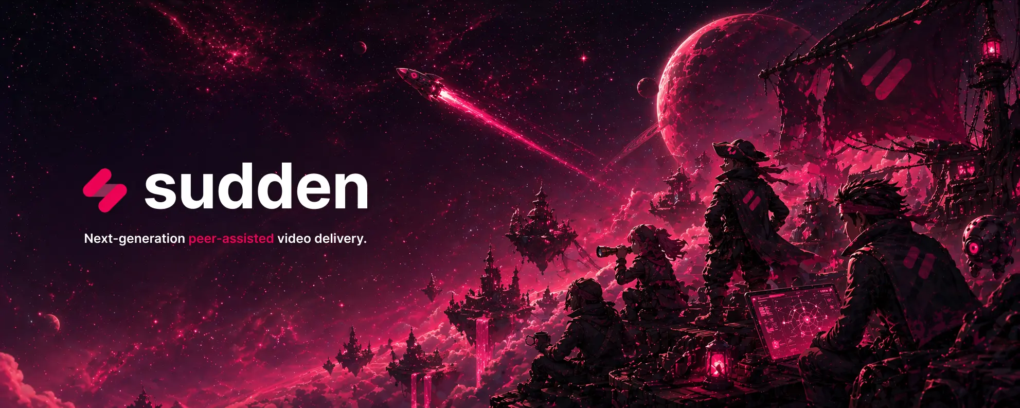 An illustration showing the Sudden logo and tagline over a magenta sci-fi landscape with floating islands, a ringed planet, a rocket in flight, and crews of space pirates gathered on surrounding outposts.